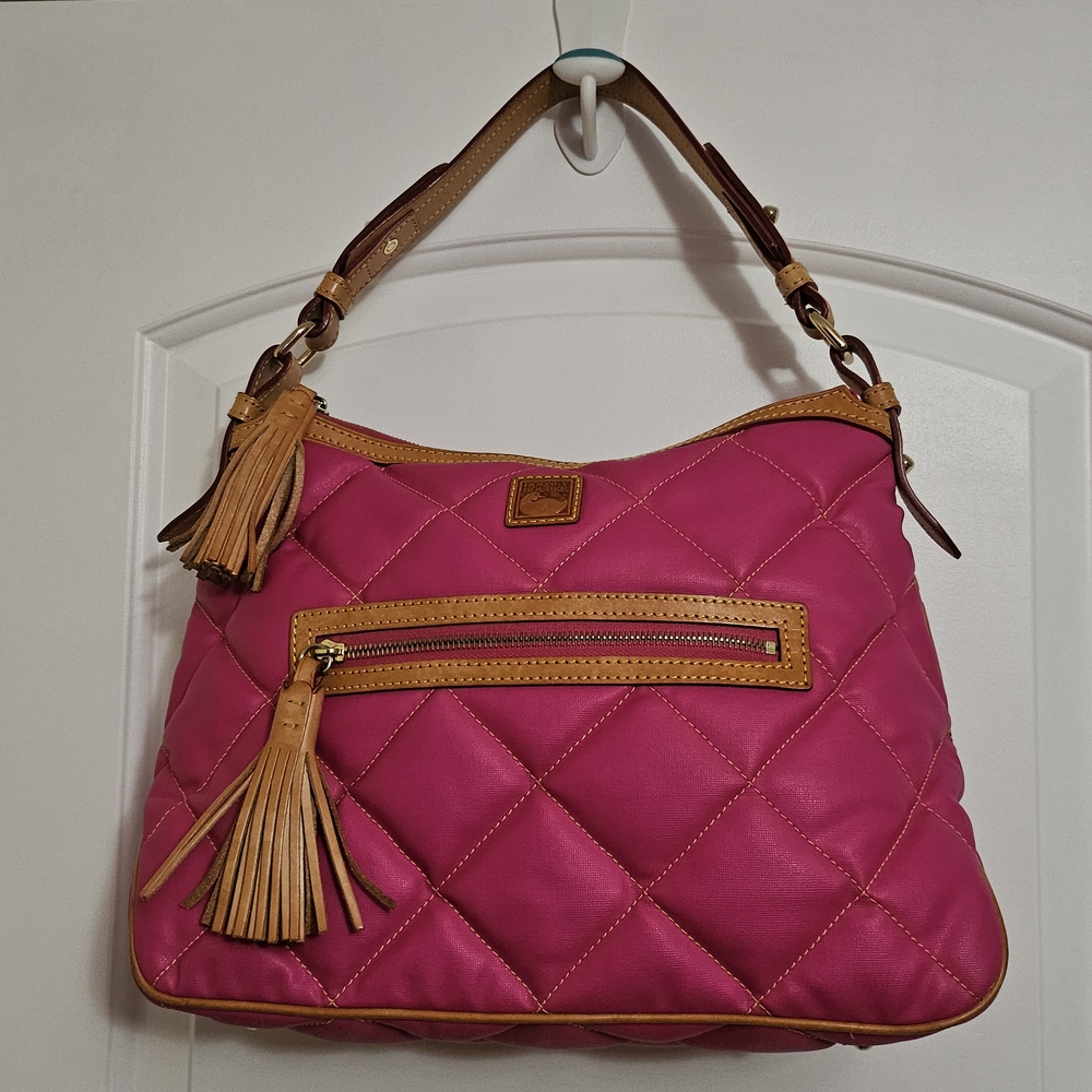 Pink Quilted Shoulder Bag with Tan Accents
